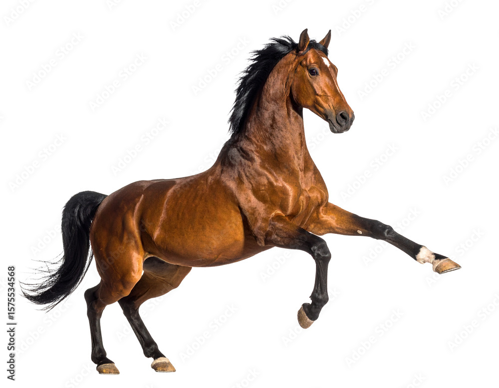 Obraz premium Dynamic Brown Horse Rearing in Isolation Against White
