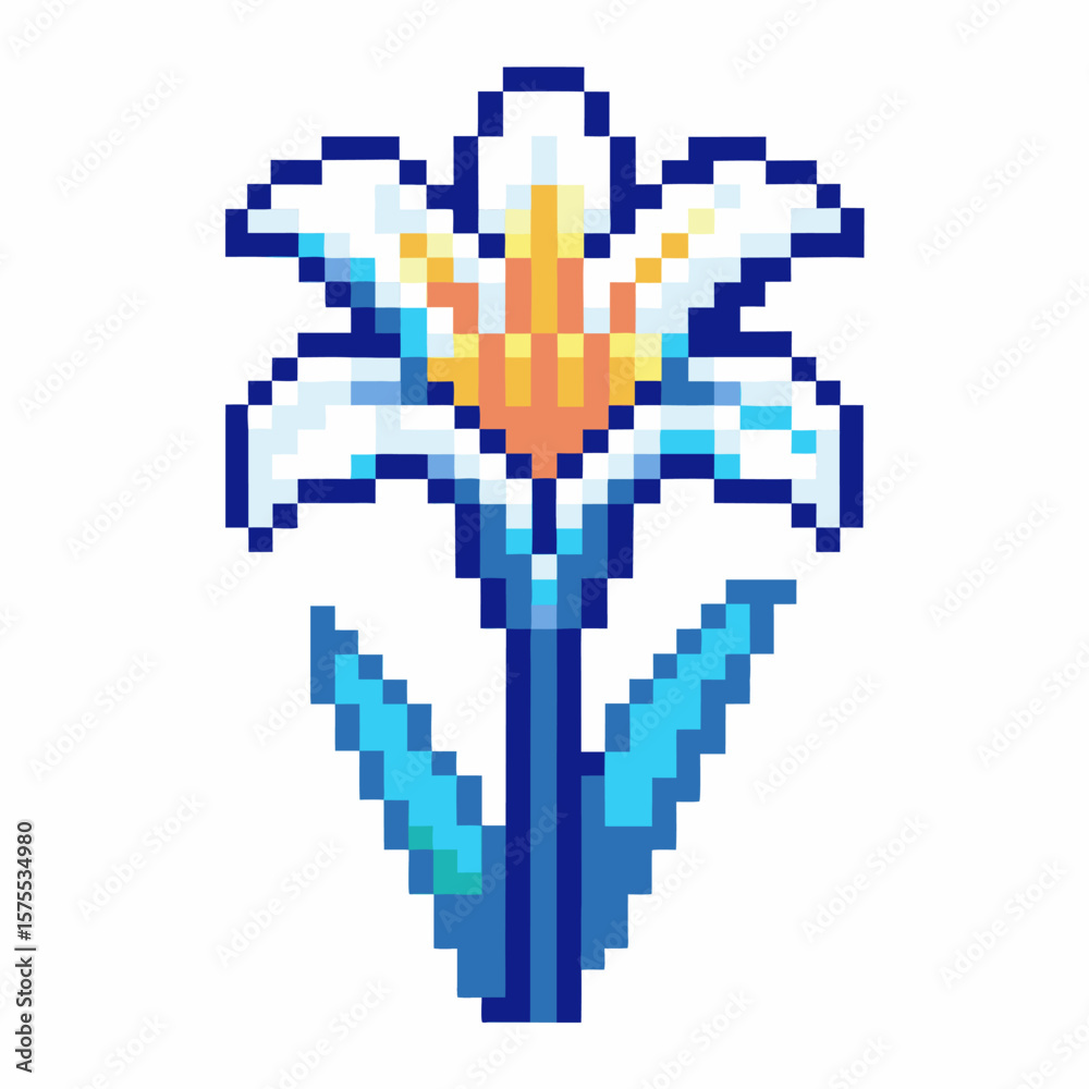 Fototapeta premium White lily flower in pixel art retro digital blooming plant, vibrant blue leaves, yellow and orange center design