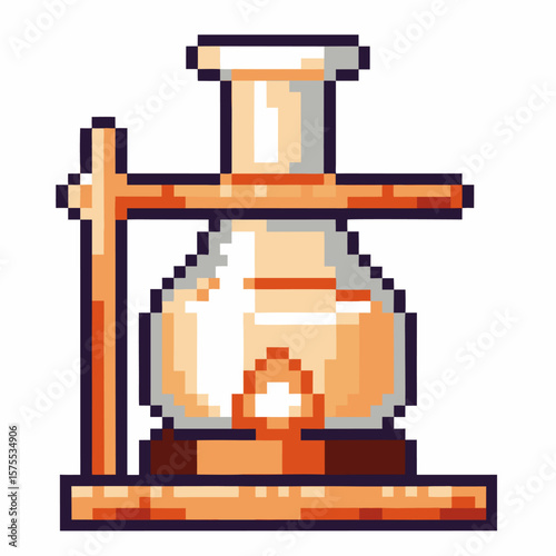 Pixel art glass chemistry flask with orange liquid, wooden stand vintage lab alchemy, science experiment concept
