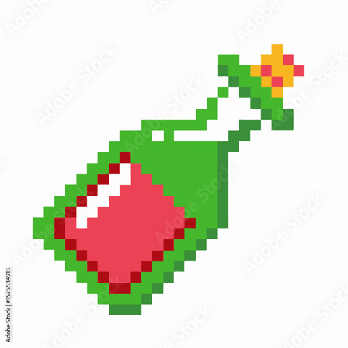 Pixel art green bottle with red liquid and yellow star cork retro digital fantasy potion, isolated on white background