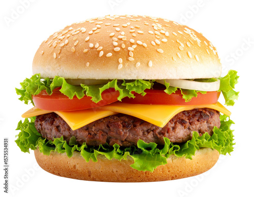 Fresh Cheeseburger with Lettuce and Tomato on White Background