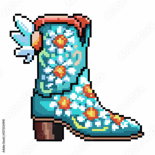 Pixel art floral cowboy boot with daisies, turquoise background retro wild west footwear with decorative detailed patterns