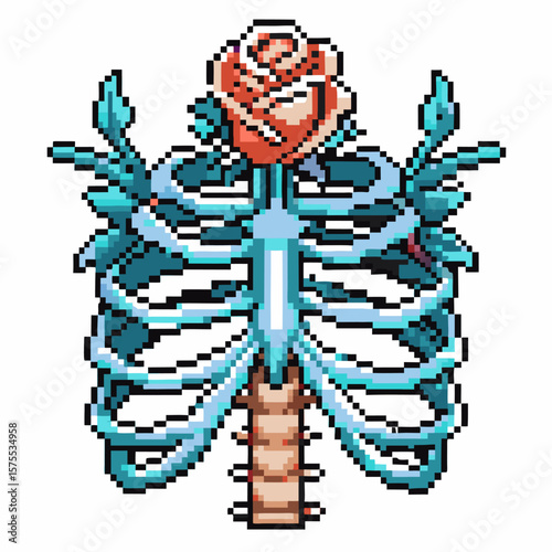 Pixel art rib cage with blooming rose retro anatomical illustration, vibrant colors, digital skeleton, floral surrealism