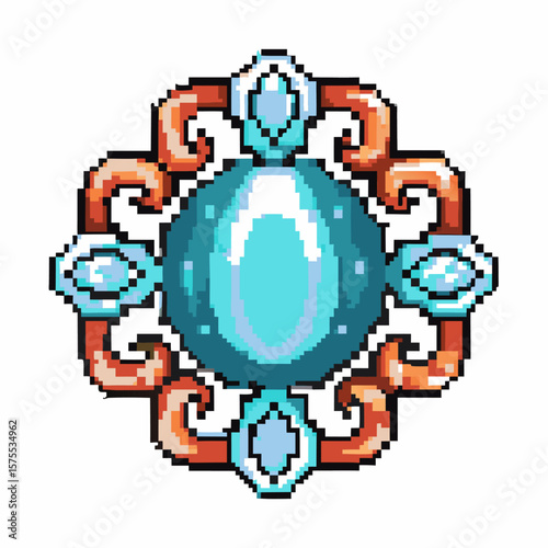 Pixel art blue gemstone medallion with ornate golden frame, retro fantasy game jewel accessory isolated on white