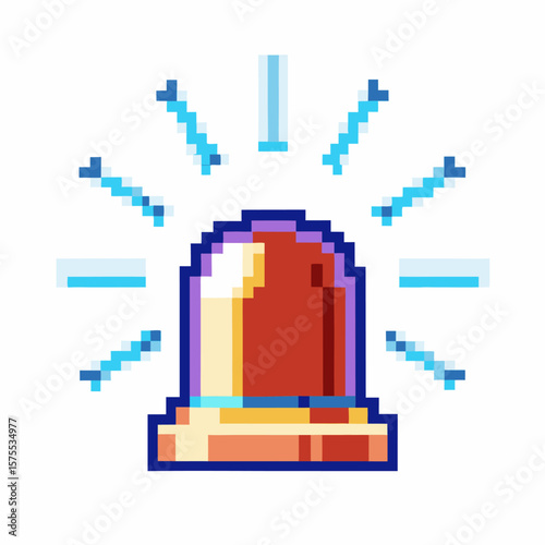 Pixel art blue emergency siren light with glowing rays, alert alarm signal, safety notification warning icon isolated