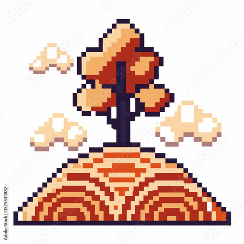 Pixel art autumn tree on geometric hill, stylized landscape with clouds, retro video game nature illustration
