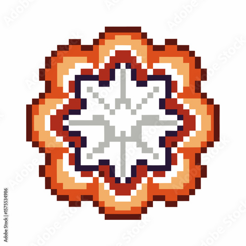 Pixel art geometric flower pattern retro orange and white abstract symmetrical mandala, minimalist digital mosaic design