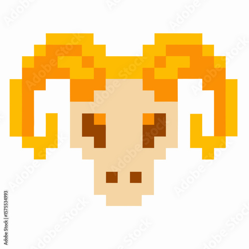 Pixel art ram skull retro video game animal icon with golden curled horns, minimal design, isolated on white background