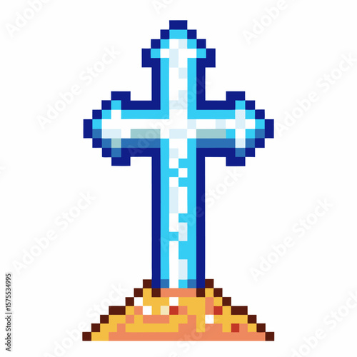 Blue pixel cross standing upright on sandy mound retro digital religious symbol, faith and memorial concept