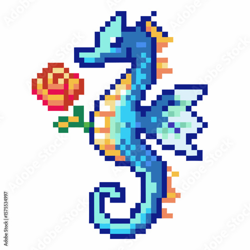 Pixel art blue seahorse holding orange rose retro aquatic animal illustration whimsical fantasy marine life, colorful digital 8 bit artwork