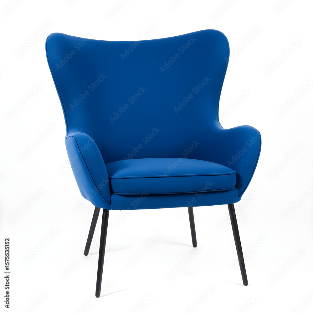 Modern blue armchair standing on white background in studio Modern blue armchair standing on white background in studio