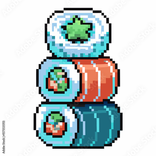 Pixel art sushi rolls stacked in a vertical tower colorful japanese cuisine with rice, seaweed, fish, vegetables, retro game