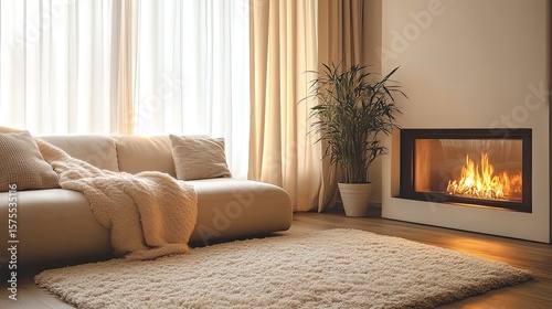 Wallpaper Mural Elegant Curtains Touching Soft Beige Carpet in Cozy Living Room Interior Scene Torontodigital.ca