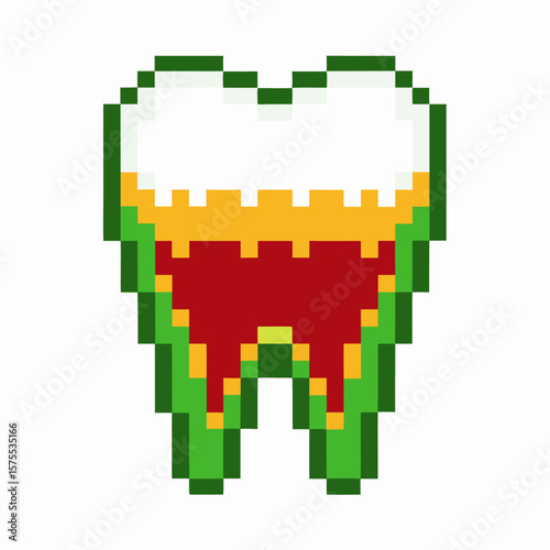 Pixel art tooth with cavities, decay, and colorful layers retro dental health illustration, enamel erosion, disease concept
