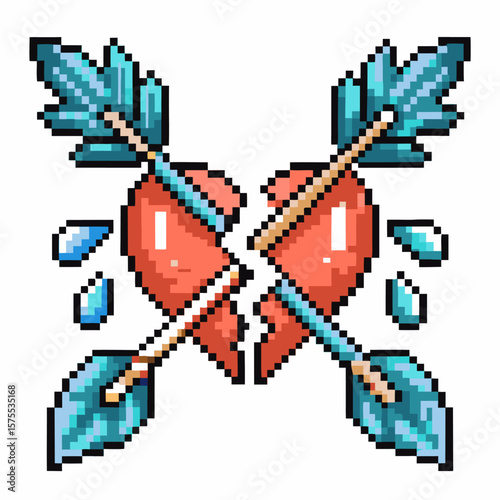 Pixel art broken heart pierced by arrows retro love heartbreak symbol, blue arrows, shattered red heart, digital vintage icon