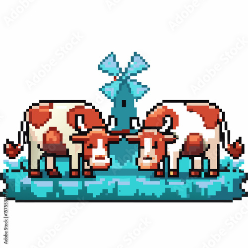 Two pixel art cows drinking water from a fountain with windmill digital farm animals, retro video game design