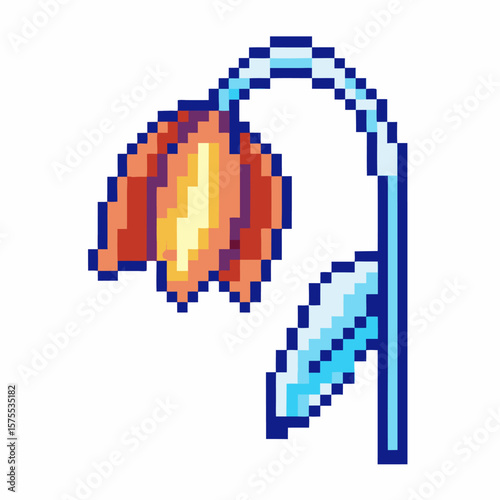 Wilted pixel art flower with orange petals drooping, retro digital plant, minimalistic blue leaf and stem illustration