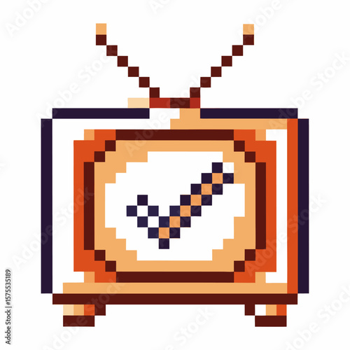 Retro pixel television with check mark on screen vintage tv, digital confirmation, media approval, 8 bit electronics icon