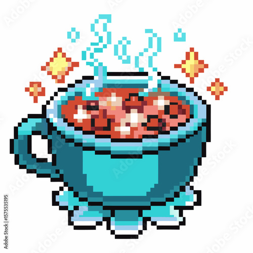 Steaming hot chocolate in blue pixel art cup with marshmallows and sparkles cozy retro beverage illustration, warm drink concept