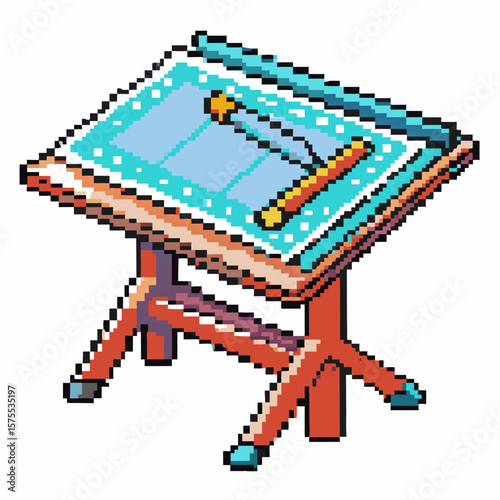Pixel art drafting table with architectural blueprint, ruler, and drawing tools retro isometric design for creative workspace