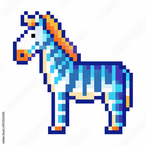 Pixel zebra illustration with orange mane retro 8 bit animal art, isolated, vibrant blue stripes, digital character