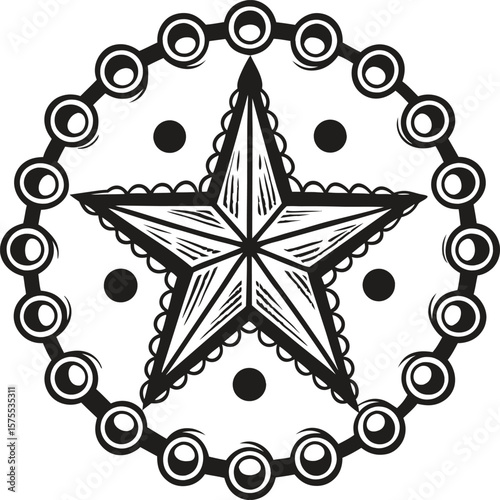 Intricate star emblem surrounded by ornamental circular border and dots vintage monochrome geometric decoration design