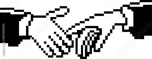 Pixel art handshake symbolizing digital agreement, partnership, collaboration, and online teamwork on white background