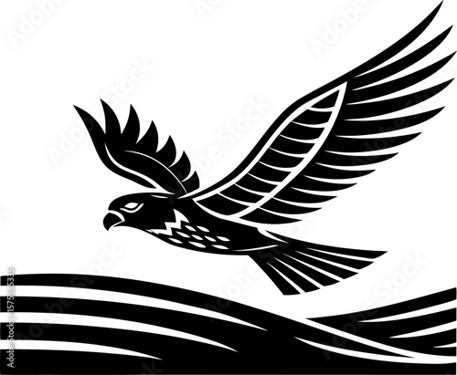 Majestic eagle soaring over stylized waves black and white detailed bird illustration, freedom and strength symbol, minimalist design