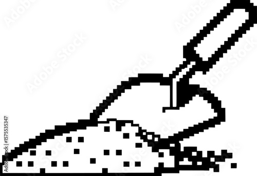 Pixel art trowel scooping soil retro gardening tool icon, digital shovel, digging dirt, minimal black and white design