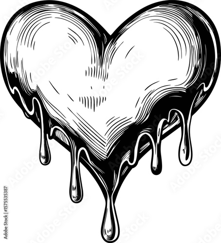 Melting heart design in black and white dripping liquid effect, emotional expression, abstract romantic graphic illustration