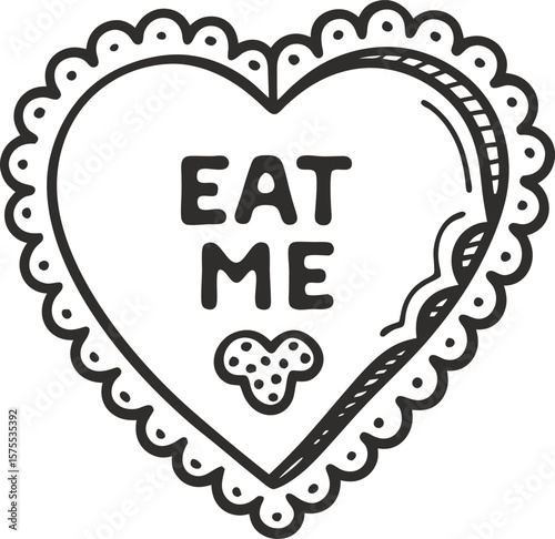 Heart shaped cookie with eat me message, bite mark, decorative edge black and white dessert, sweet treat illustration