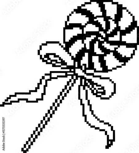 Pixel art spiral lollipop with ribbon retro candy icon, black and white outline, minimal digital confection sweet treat