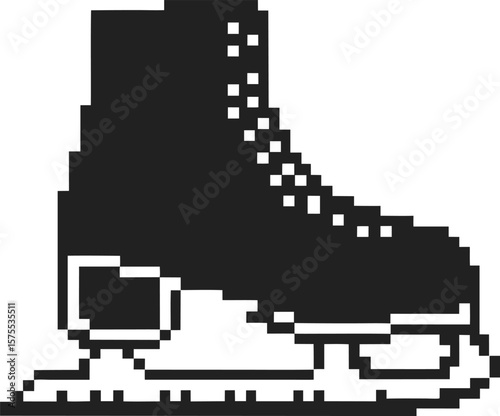 Pixel art ice skate boot silhouette, retro black and white winter sports icon, vintage digital 8 bit illustration