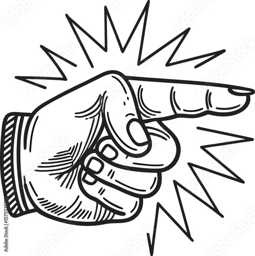 Pointing hand gesture illustration vintage retro drawing of finger pointing right with radiating lines, communication or direction