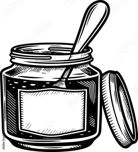 Glass jar with spoon and open lid, hand drawn sketch illustration preserves, jam, spreads container, blank label, kitchenware