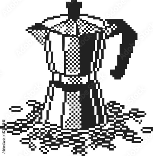 Retro pixel art moka pot with scattered coffee beans vintage monochrome illustration, minimalistic pixelated