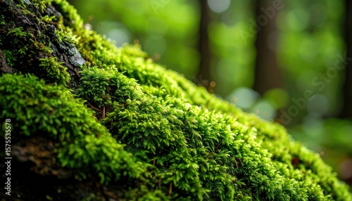 Lush green moss growing on tree bark, showcasing the beauty of nature and the tranquility of the forest environment.