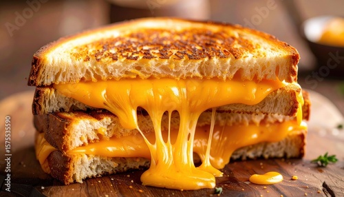 Melted cheese oozes from a perfectly grilled sandwich, showcasing delicious layers of flavor, perfect for a comforting meal.