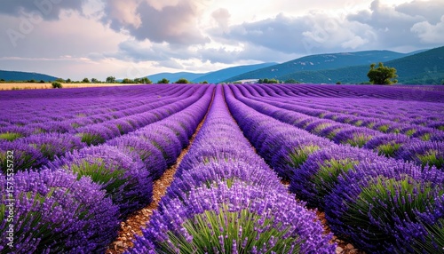 Vibrant lavender fields stretch toward the horizon under a supportive sky, showcasing nature's beauty and serenity.