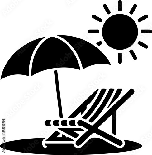 Image is a minimalist black and white icon featuring a beach scene. The layout includes a stylized beach chair positioned under a large umbrella, both depicted in solid black silhouettes. The umbrella