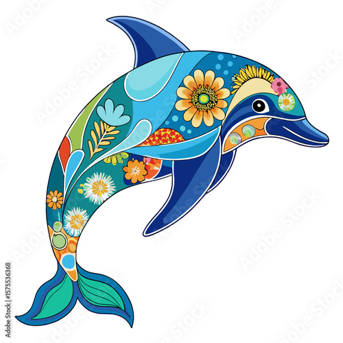 A cheerful dolphin graphic featuring vibrant flowers and organic shapes, perfect for coastal designs and nautical themed projects.