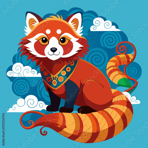 Captivating red panda graphic with whimsical clouds, perfect for children's designs and adorable wildlife projects requiring a touch of fantasy.