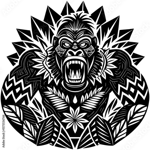A fierce gorilla face surrounded by tribal patterns and vegetation creates a bold and striking animal graphic suitable for various design applications.