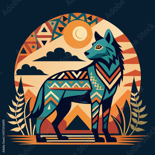 A stylized wolf graphic with geometric patterns, suitable for tribal designs or animal-themed artwork, perfect for printing, textiles, or digital media.
