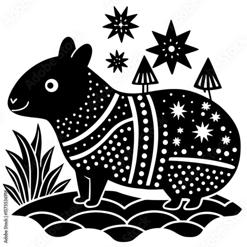 Festive capybara design with decorative elements like stars and trees, ideal for holiday themes and seasonal projects.