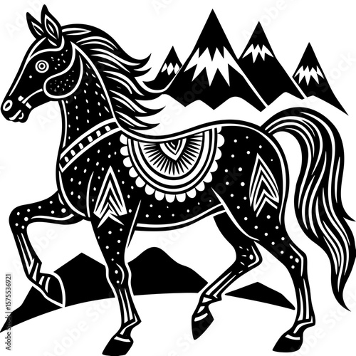 Majestic horse with mountain backdrop in a detailed black and white graphic, perfect for equine themes and decorative art projects.