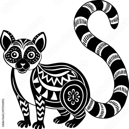 Detailed lemur artwork in black and white, suitable for wildlife designs, children's books or graphic elements related to animals and nature.