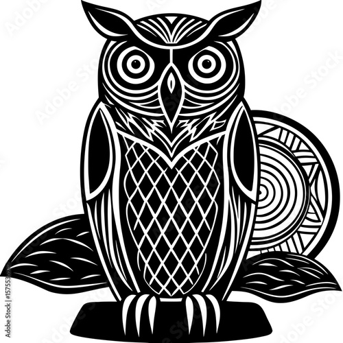 Detailed owl design is a striking black and white graphic, ideal for logos, labels, and creating visually appealing animal-themed designs.