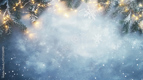 Festive Christmas Border with Snow Covered Pine Branches and Glowing Fairy Lights on a Blue Winter Background

