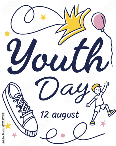 Celebrate youth day on august 12th with a playful illustration featuring a sneaker a jumping boy a crown and a balloon